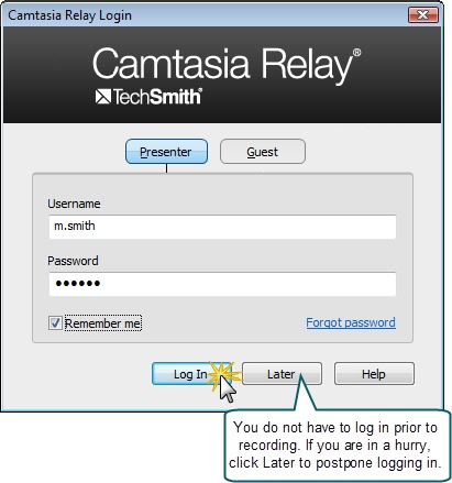 Camtasia Relay login dialog box.