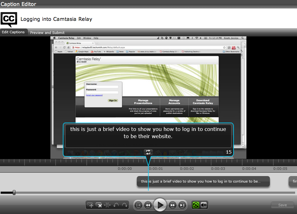The Camtasia Relay caption editor.