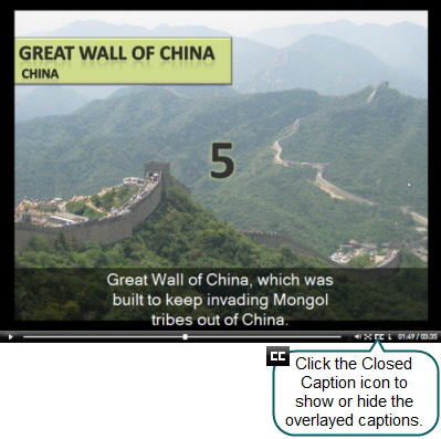Closed Caption icon to show/hide captions