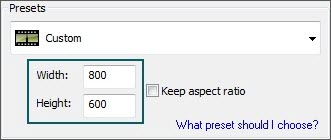 Enter width and height for Custom preset