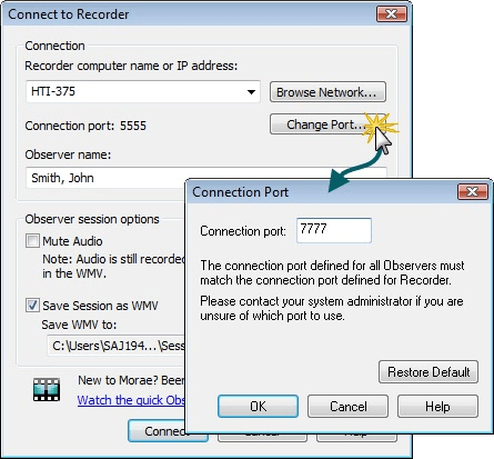 Connect to Recorder dialog showing how to change the port