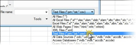 Open text file option in Excel