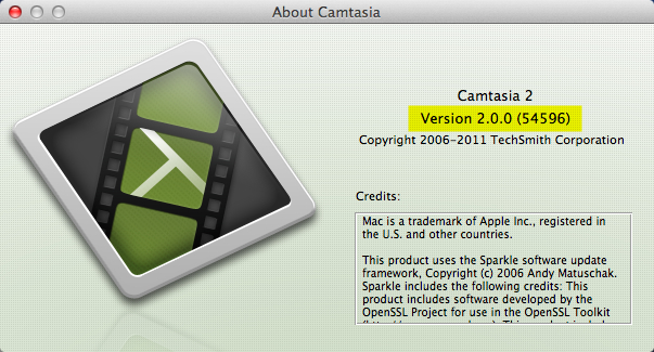 Camtasia for Mac About Box