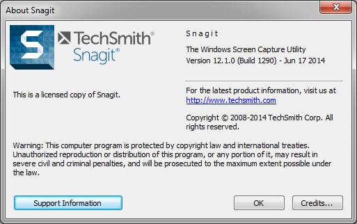 About Snagit dialogue box