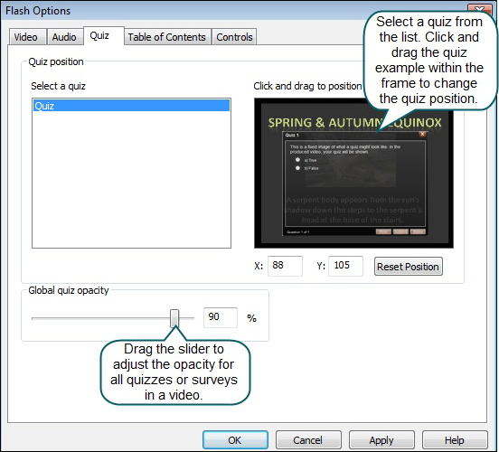 Quiz Options in Flash Options dialog