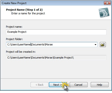 Enter project name and location to save.