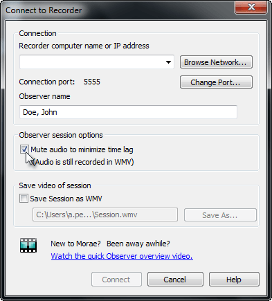 Mute Audio option in Connect to Recorder dialog