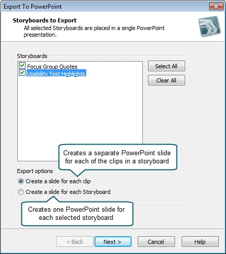 Choose storyboards to export to PowerPoint