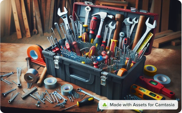  an image generated by assets for camtasia with the following prompt: a toolbox overflowing with tools