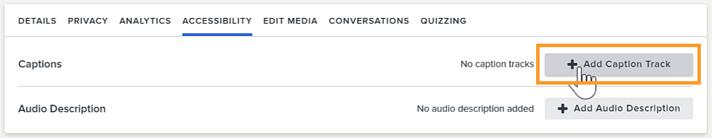 In the accessibility tab, the cursor selects the Add Caption Track button