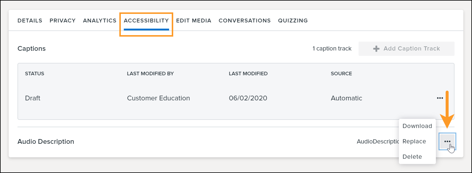 Manage audio description by downloading, replacing, or deleting