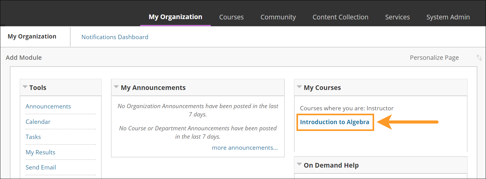Select course in the My Organization menu