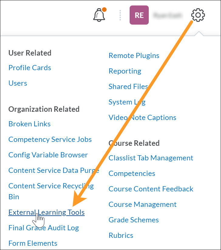 External learning tools link in admin tools