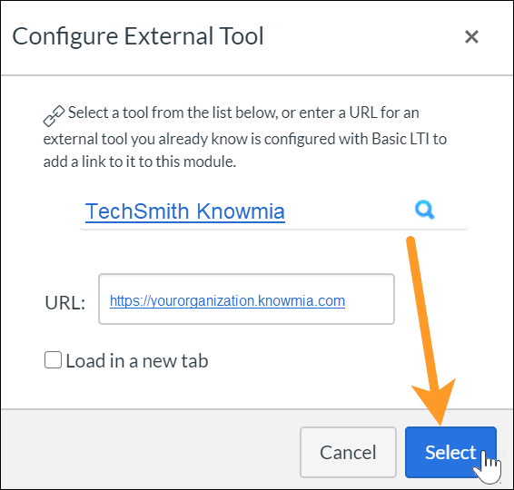 Select button on configure external tool dialogue