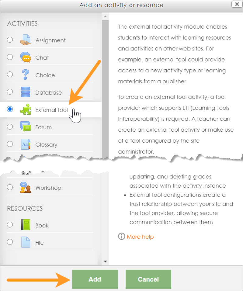 Select external tool in the activities list