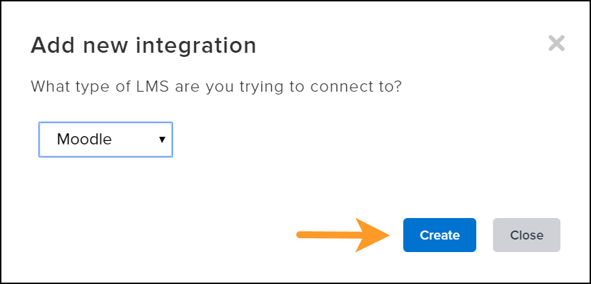 Selecting Moodle and clicking create in Add new integration