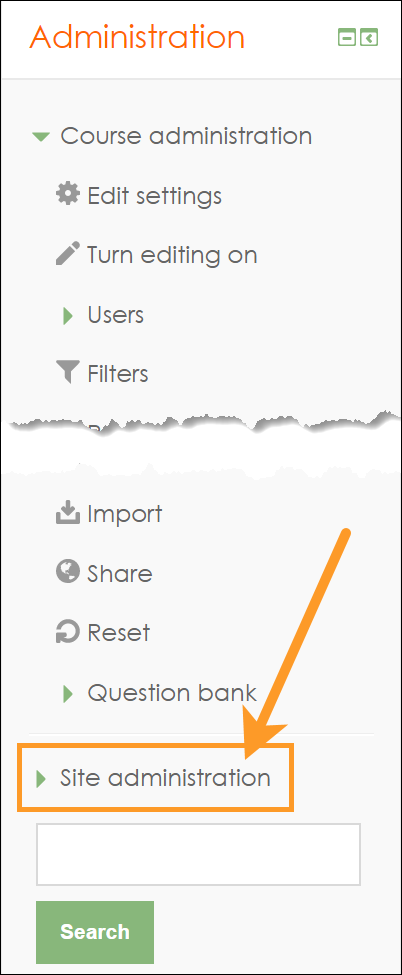 Moodle Administration panel with Site administration highlighted