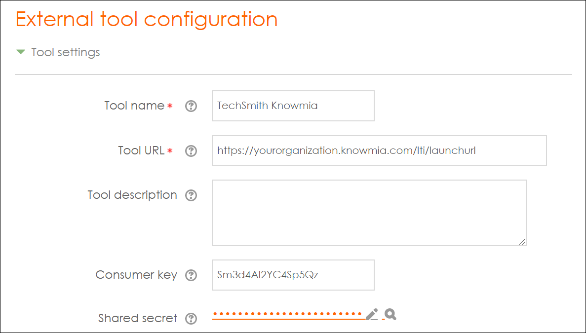 Screenshot of Moodle External tool configuration options 