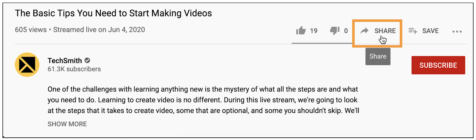 YouTube description with an orange box around the Share button