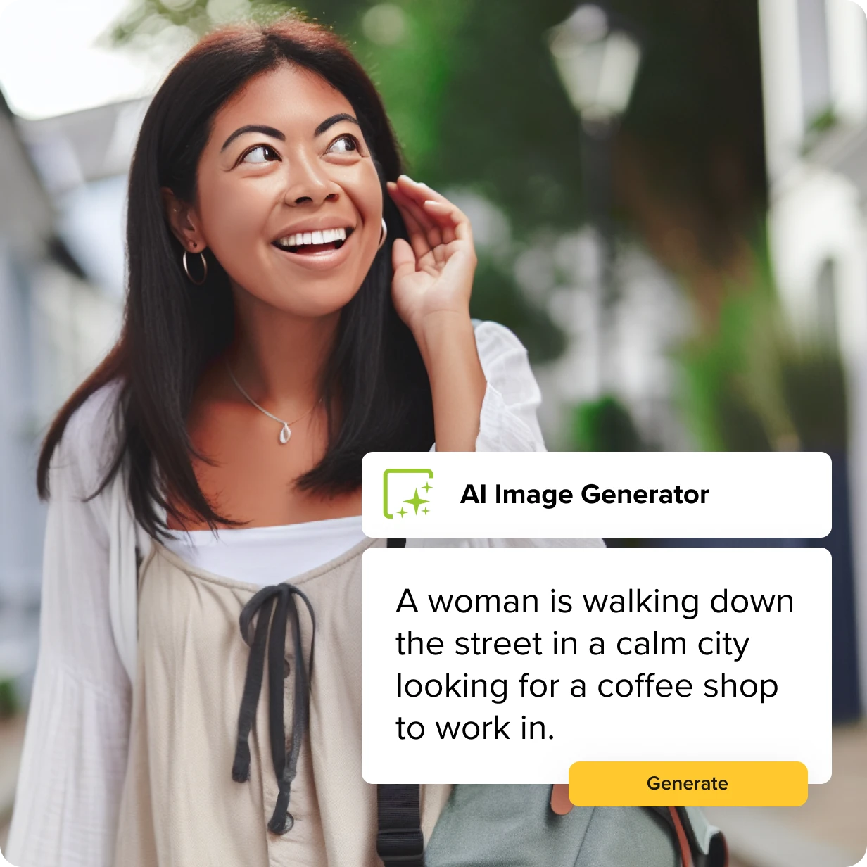 a image generated by Assets for Camtasia of a woman walking down the street with a prompt that was entered to create it: A woman is walking down the street in a calm city looking for a coffee shop to work in