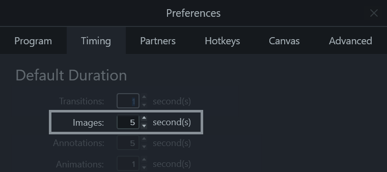 Adjust the timing for images in the timing tab of the preferences menu