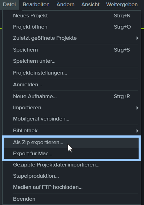 Camtasia file menu
