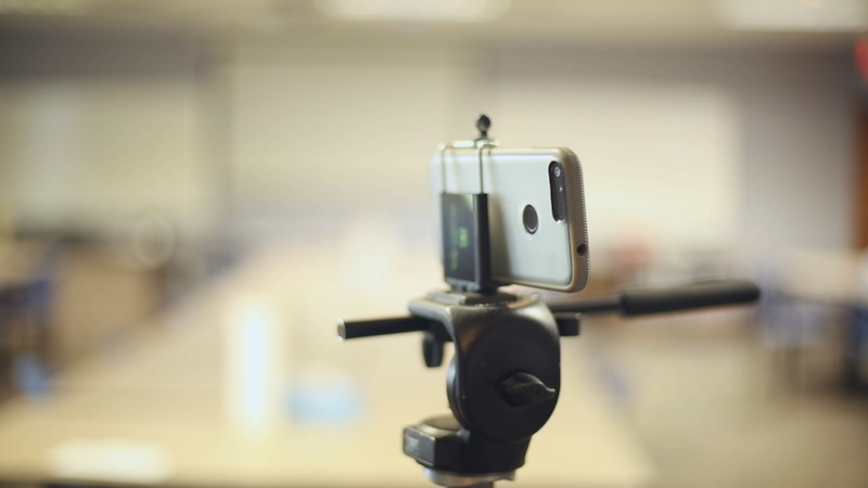 Smartphone on a tripod attached using a smartphone clip.