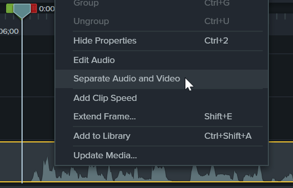 Right click on video clip and selecting Separate Audio and Video.
