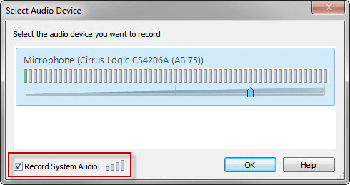 Select Audio Device popup window with Record System Audio highlighted