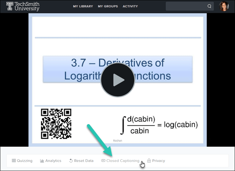 Screenshot of video page with Closed Captioning options highlighted