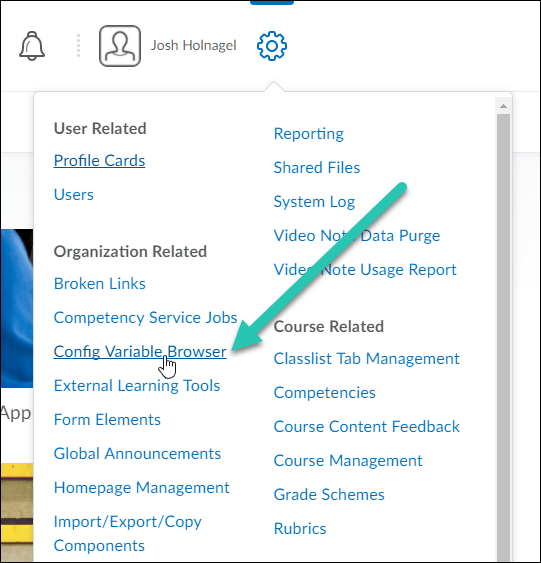 Brightspace Admin Tools menu with the Config Variable Browser option highlighted