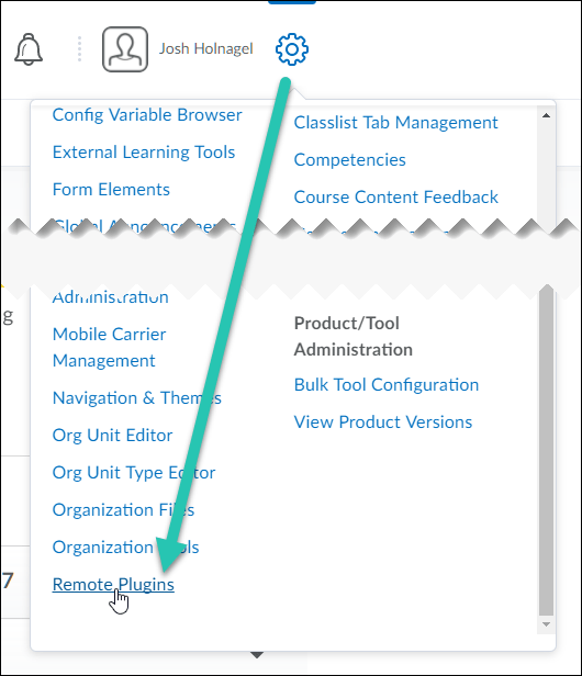 Brightspace Admin Tools menu, expanded with the Remote Plugins option highlighted
