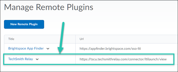 Manage Remote Plugins screen, with TechSmith Relay remote plugin highlighted
