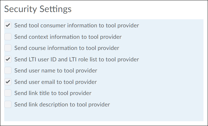 Screenshot of tool provider security settings
