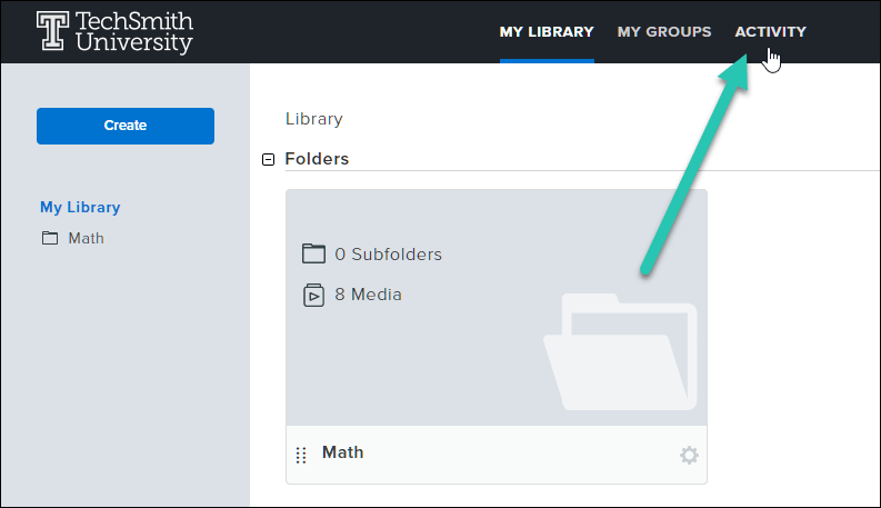 Screenshot of TechSmith Relay library with Activity Tab highlighted