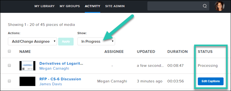 Screenshot of a users' Activity tab, with the In Progress filter highlighted
