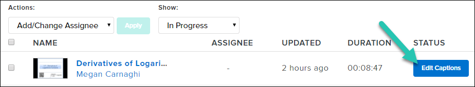 Screenshot a user's In Progress videos, with the Edit Captions button highlighted
