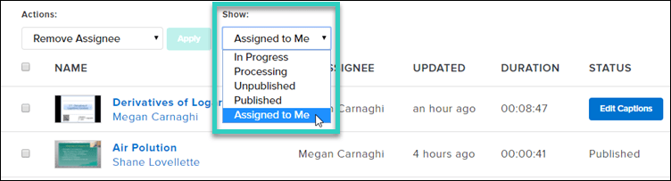 Screenshot of the Activity tab with the Assigned to Me option highlighted in the Show dropdown menu