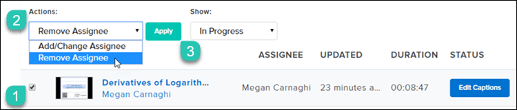 Screenshot of the Activity view with the Remove Assignee option selected in the drop down menu