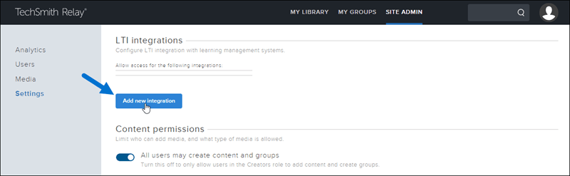 Clicking add new integration