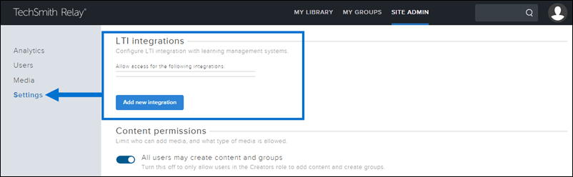 Arrow pointing to Settings tab and LTI Integrations section outlined by a rectangle