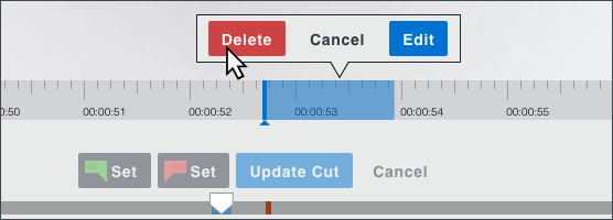 Red delete button removes the cut and restores the removed clip