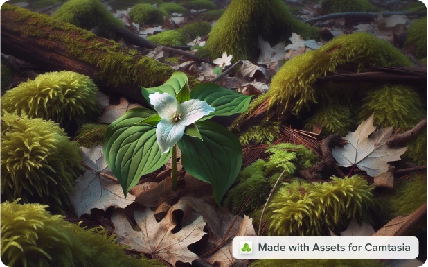 an image generated by assets for camtasia with the following prompt: three leafed white trillium on the forest floor of Michigan