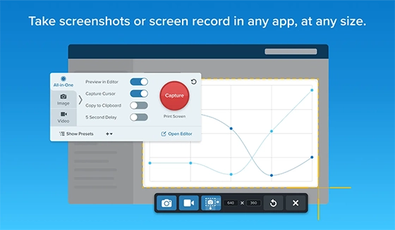 Take screenshots or screen record in any app, at any size.
